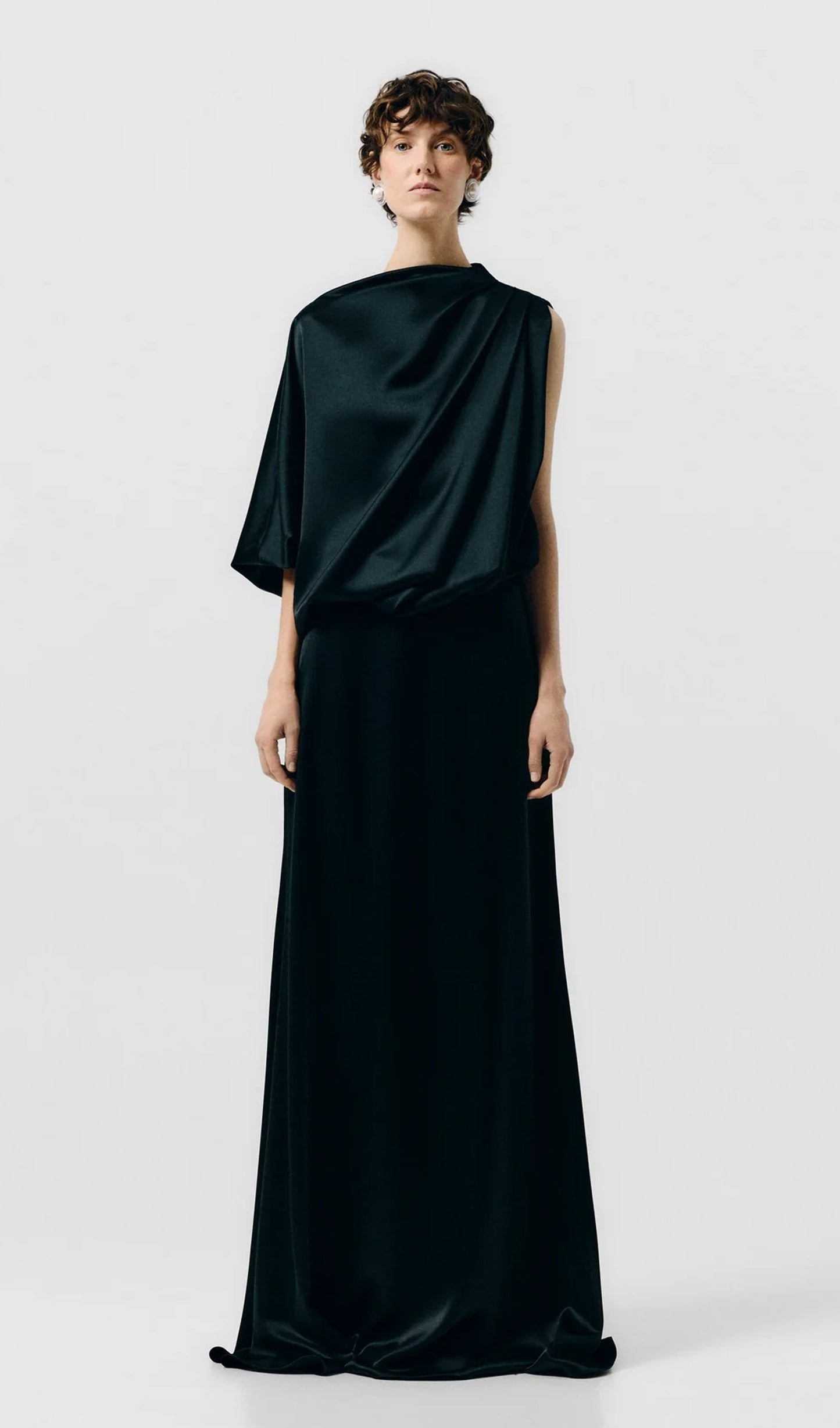 One Sleeve Draped Satin Maxi Dress In Green
