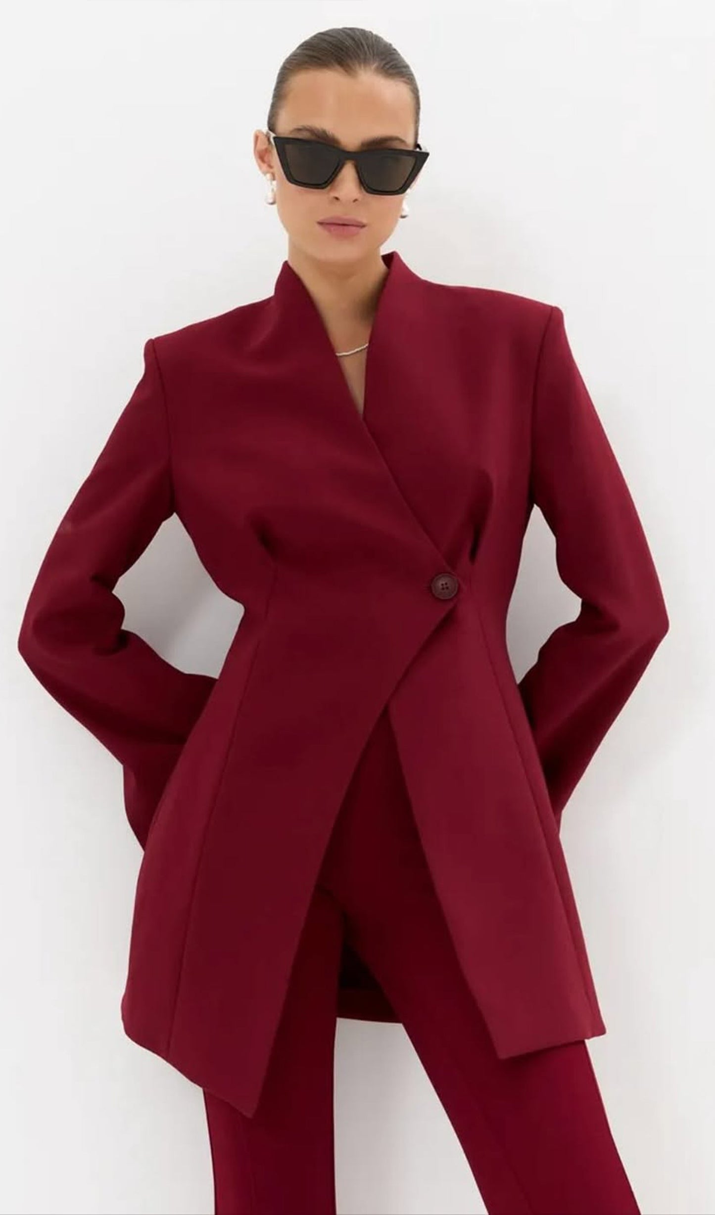 V Neck Long Sleeve Blazer In Claret