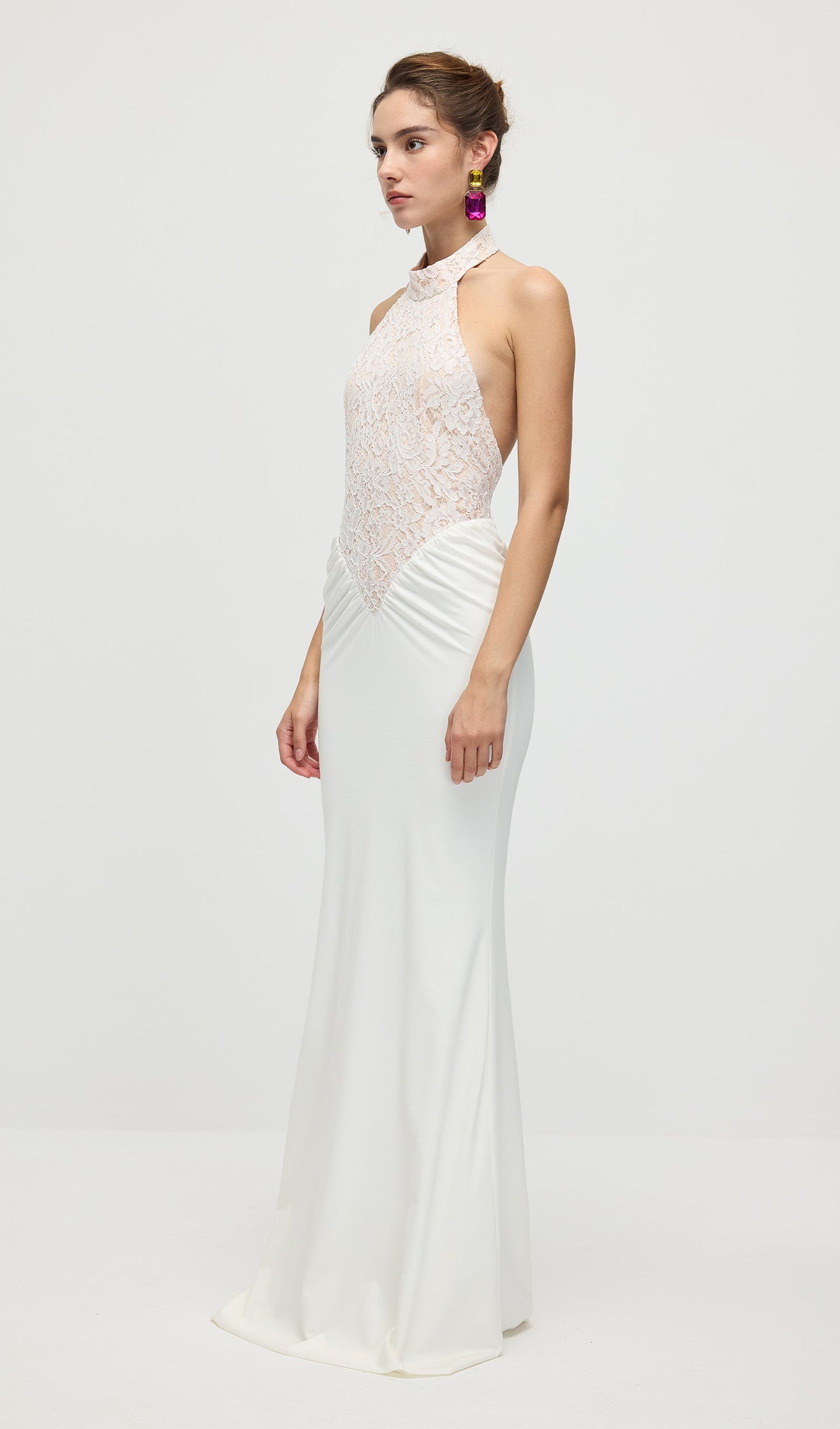 Gathered Lace Jersey Halterneck Dress
