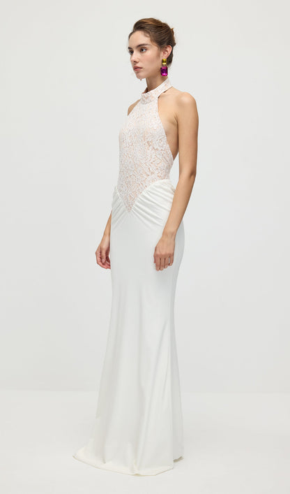 Gathered Lace Jersey Halterneck Dress