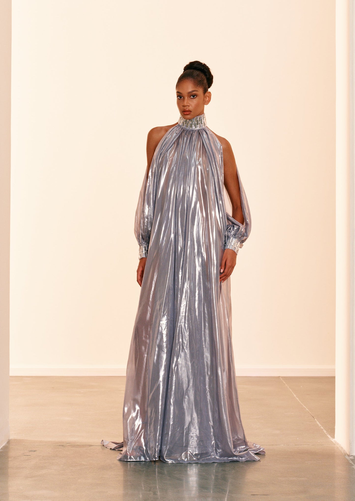 Silver Chiffon Lamé Maxi Dress With Halter Neck