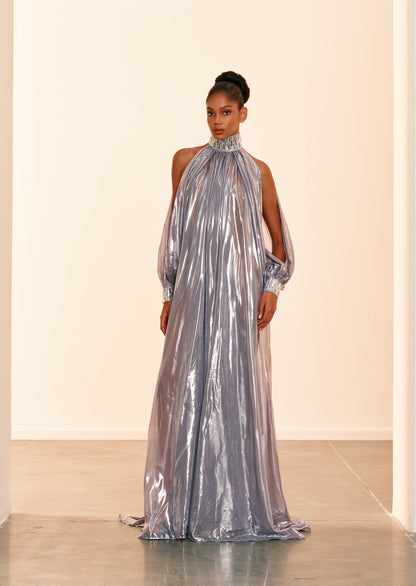 Silver Chiffon Lamé Maxi Dress With Halter Neck