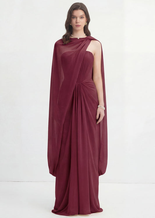 Maison Chiffon Maxi Dress With Cape In Claret