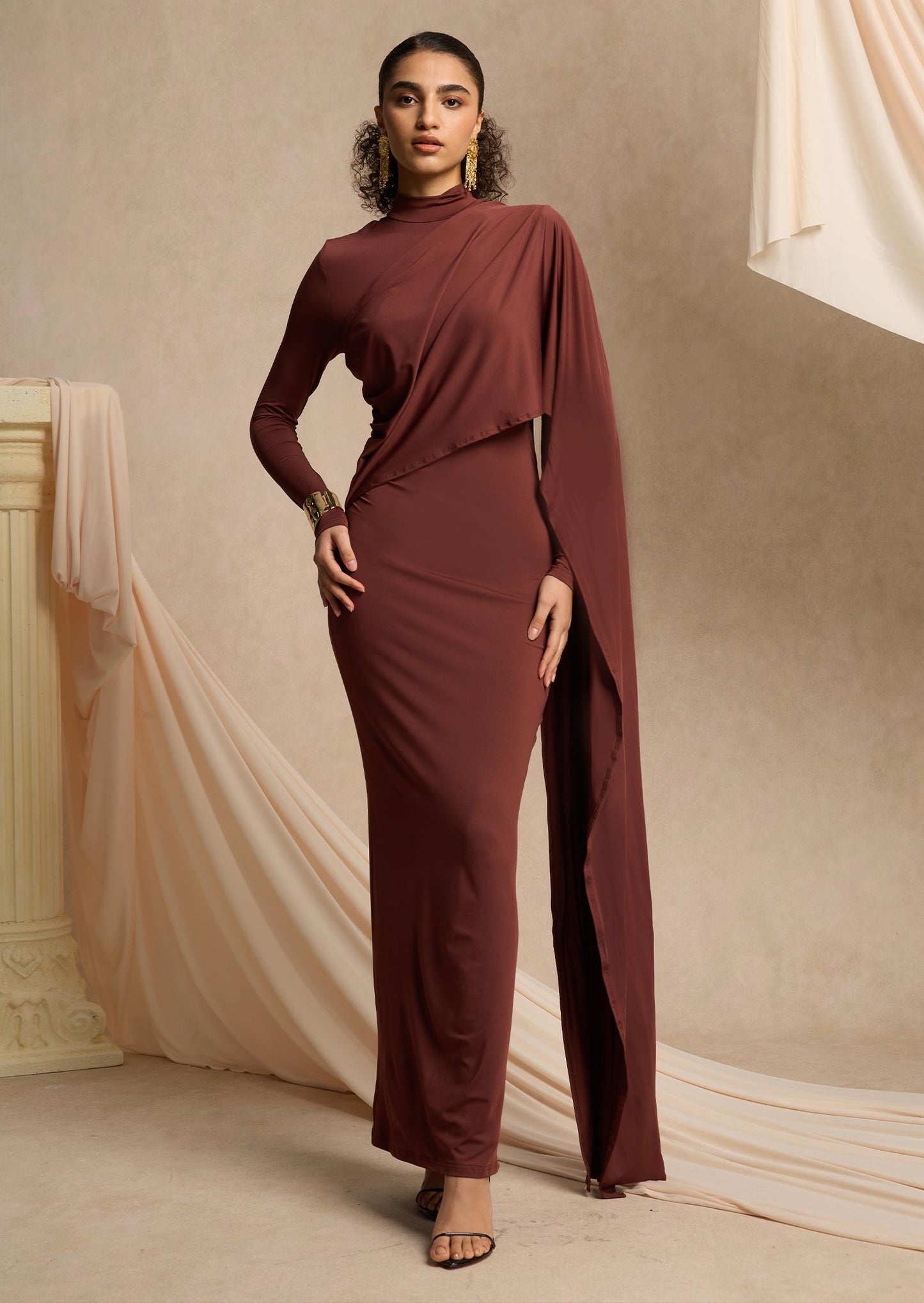 Asymmetrical Draped Cape Maxi Dress