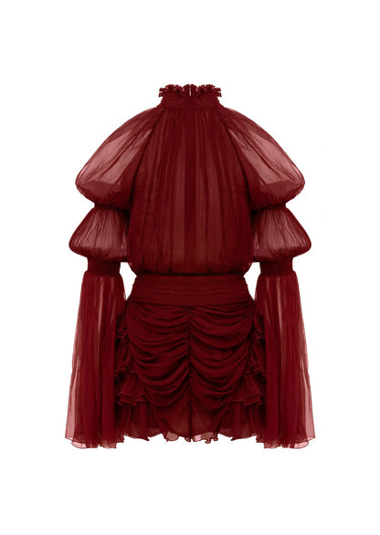 Pleated Silk-Chiffon Slit Mini Dress In Claret