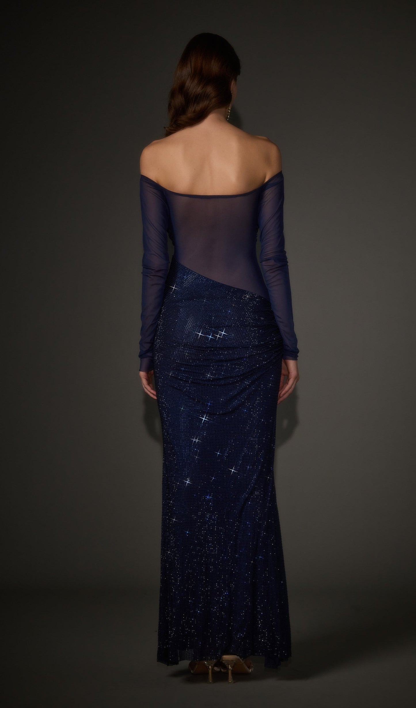 Diamante Off Shoulder Maxi Dress In Navy