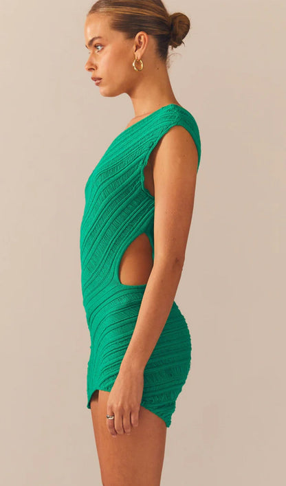 Ladder Hollow Knit Mini Dress-Green
