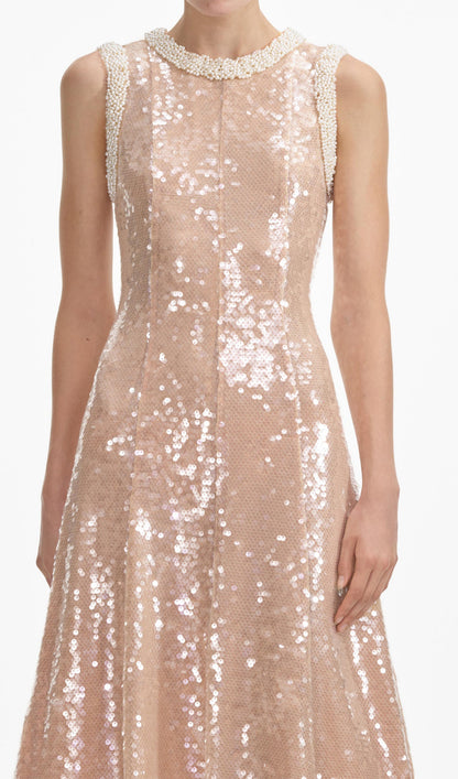 Sequin Embellished Pearl Trim Midi Dress