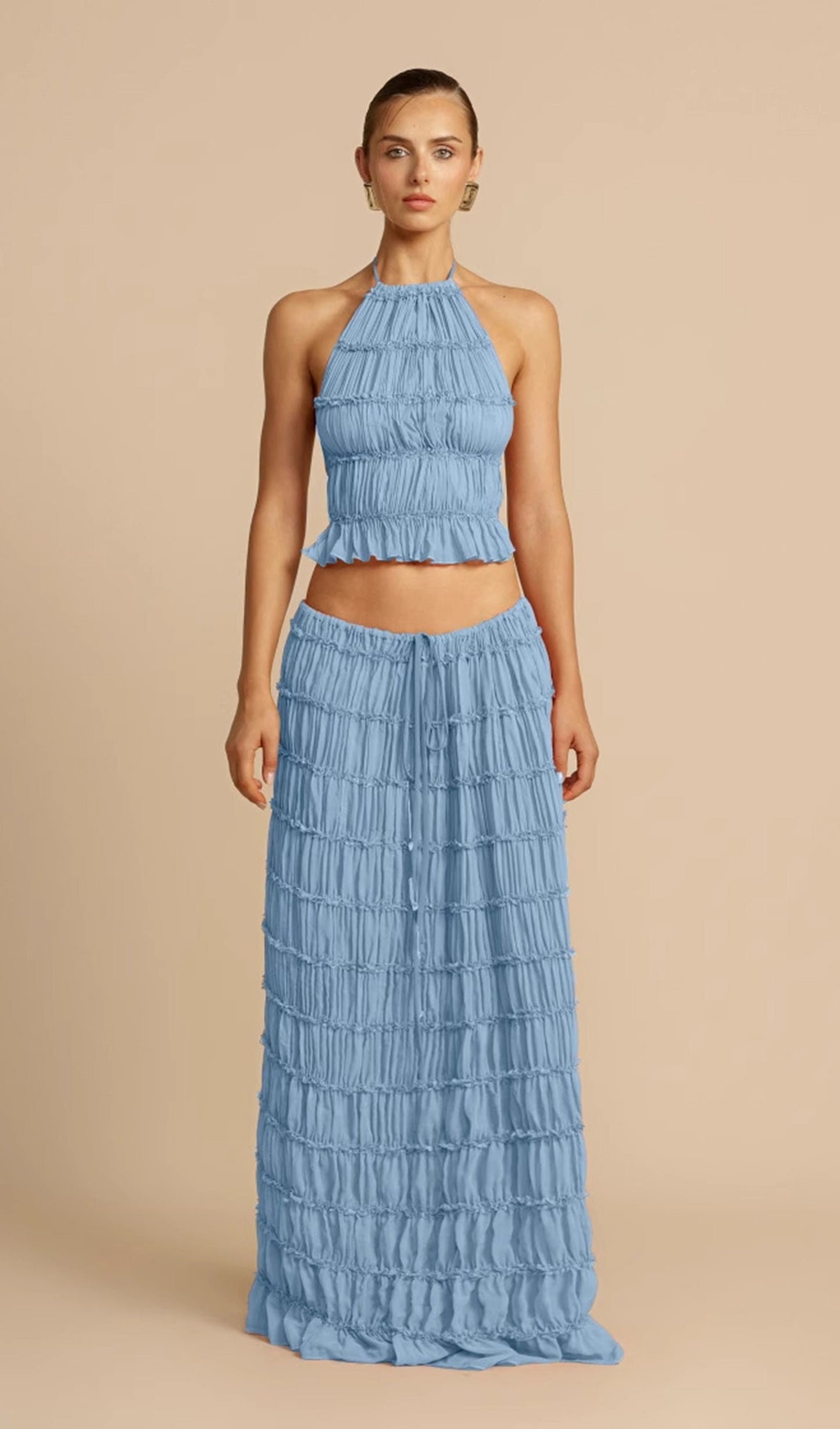 Halter Top & Ruched Detail Maxi Skirt Sets