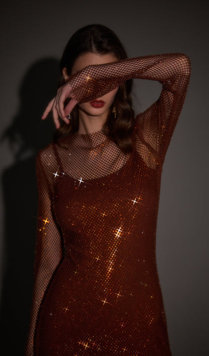 Mesh With Monochrome Maxi Dress In Coffee