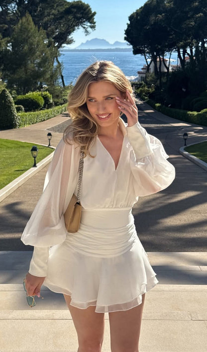 Solid Lantern Sleeve Mini Dress In White