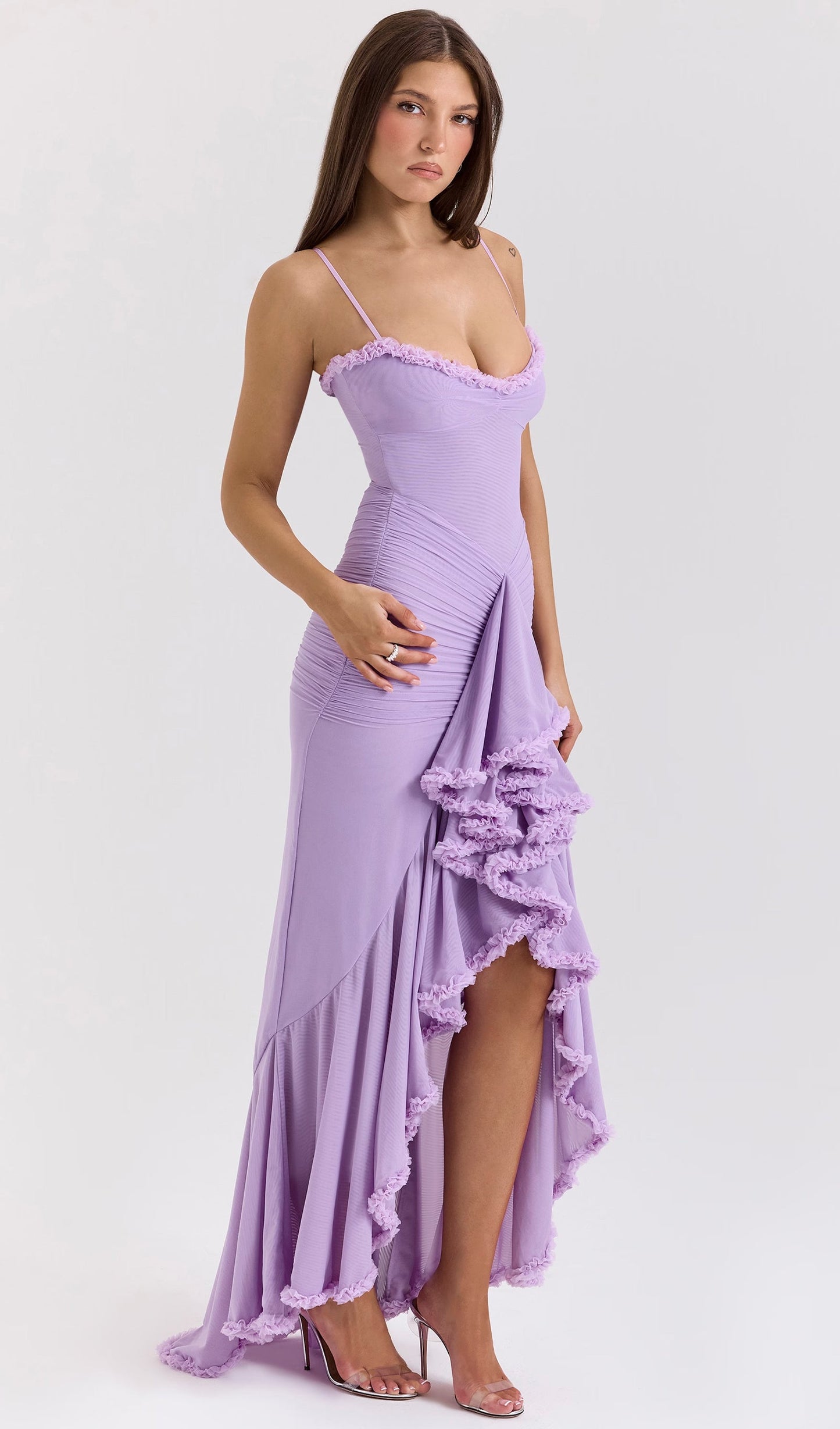 Mesh Ruffled Front Gown Maxi Dress In Taro Purple