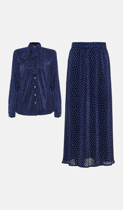Tie Neck Polka Dot Top & Straight Skirt Set