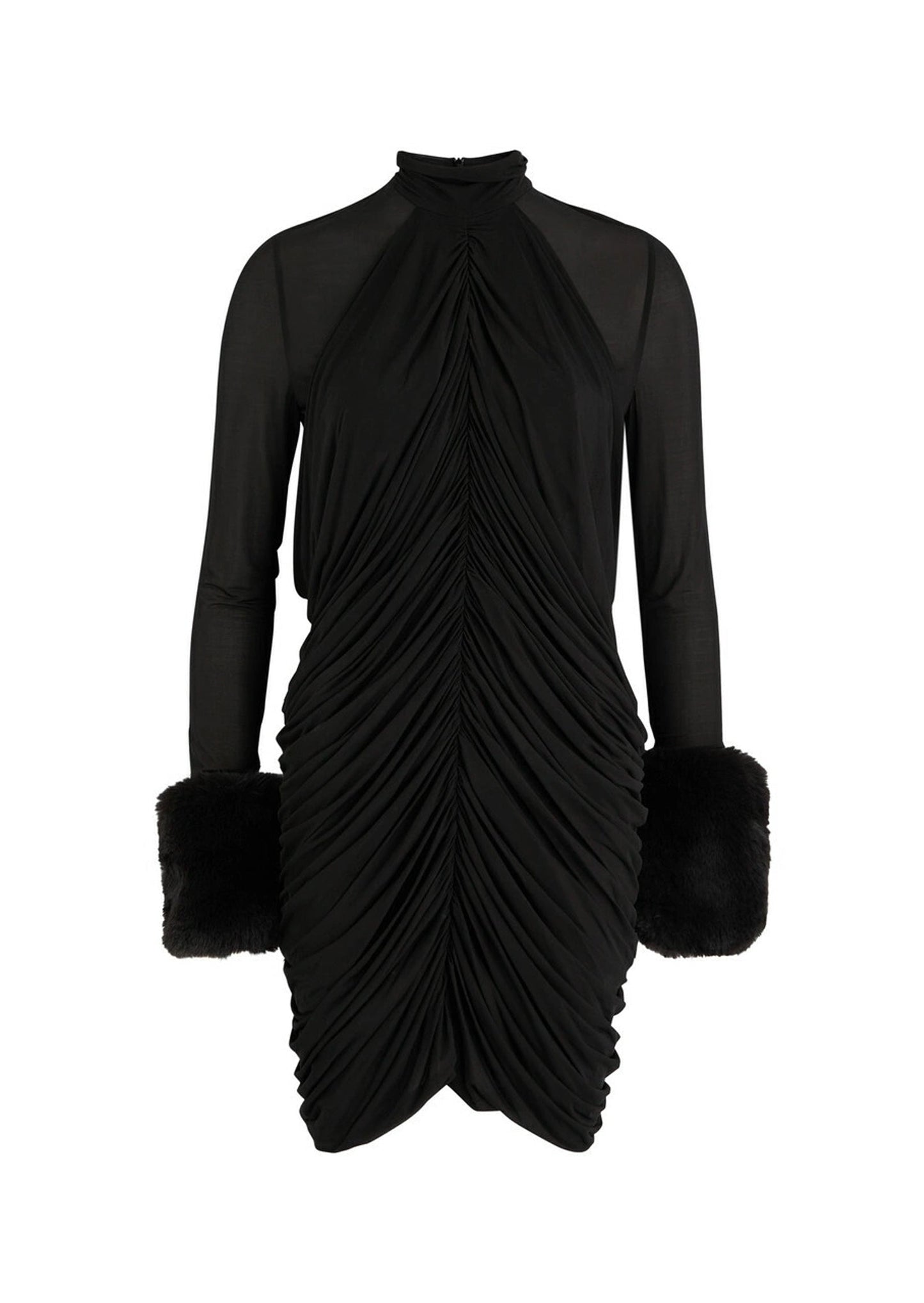 Draped Faux Fur-trimmed Mesh Mini Dress