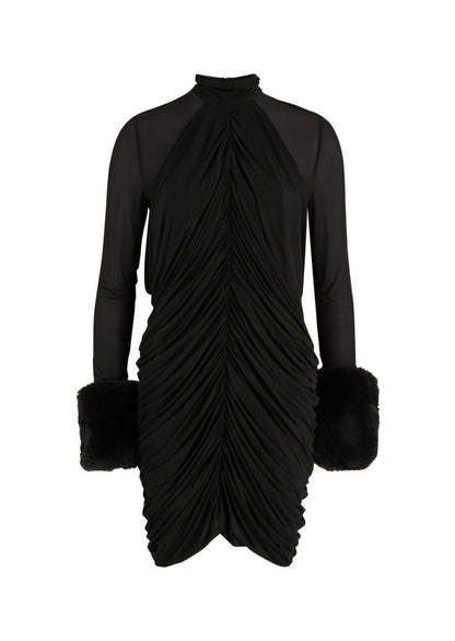 Draped Faux Fur-trimmed Mesh Mini Dress
