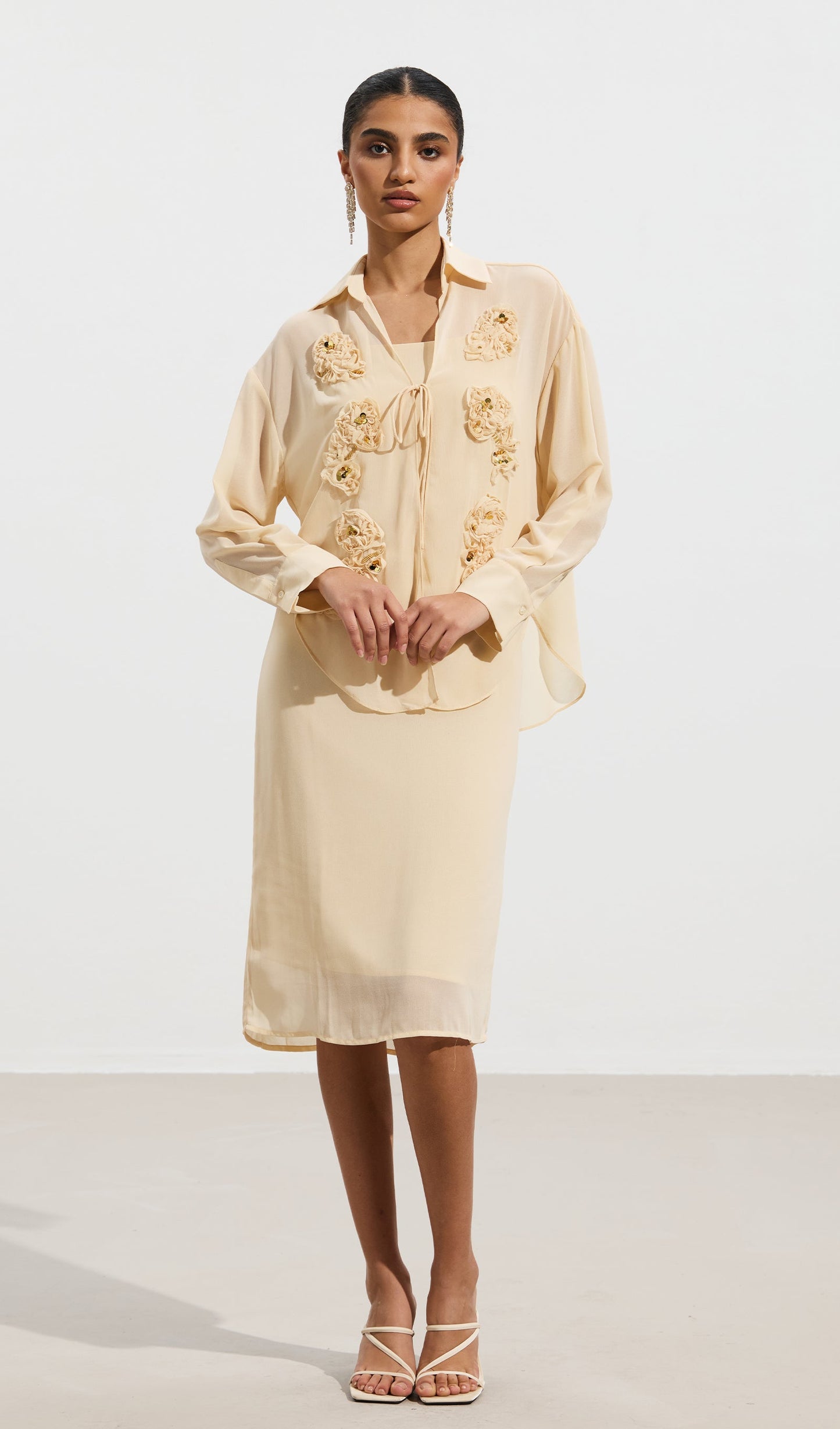 Embroidered Sequined Flower Shirt & Skirt Set