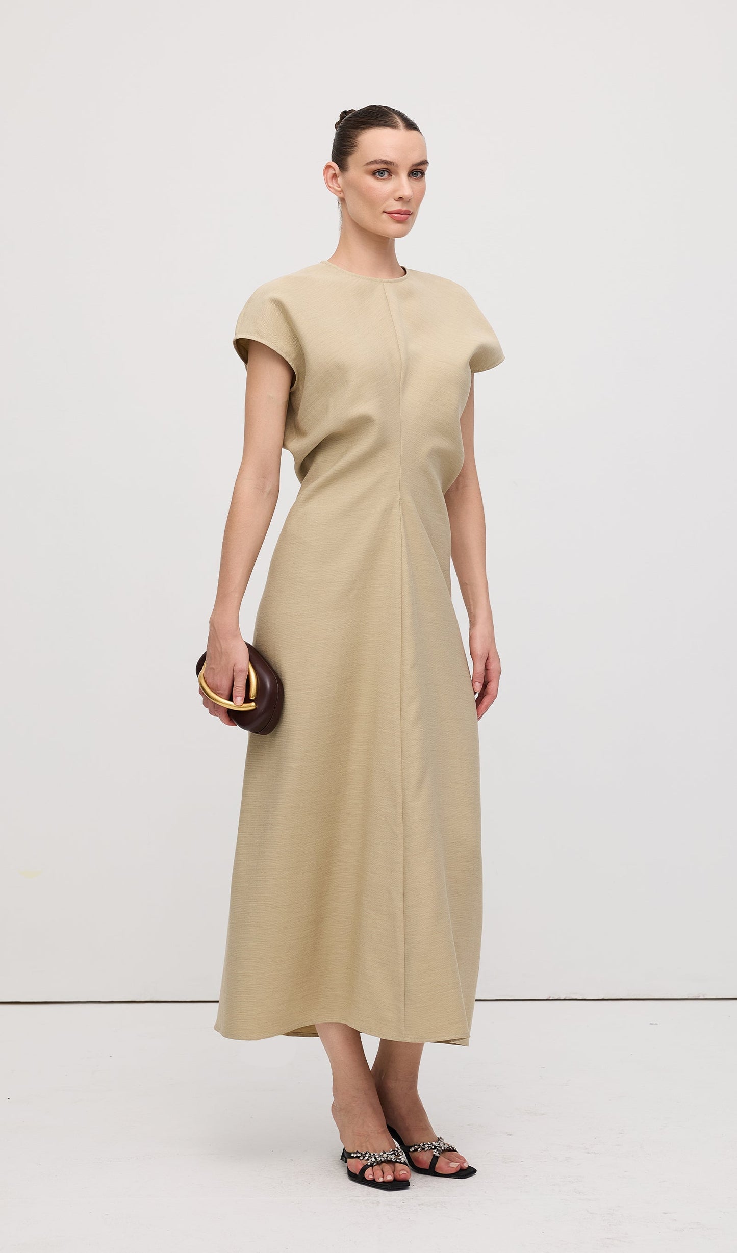 Slouch Waist  Midi Dress-Green