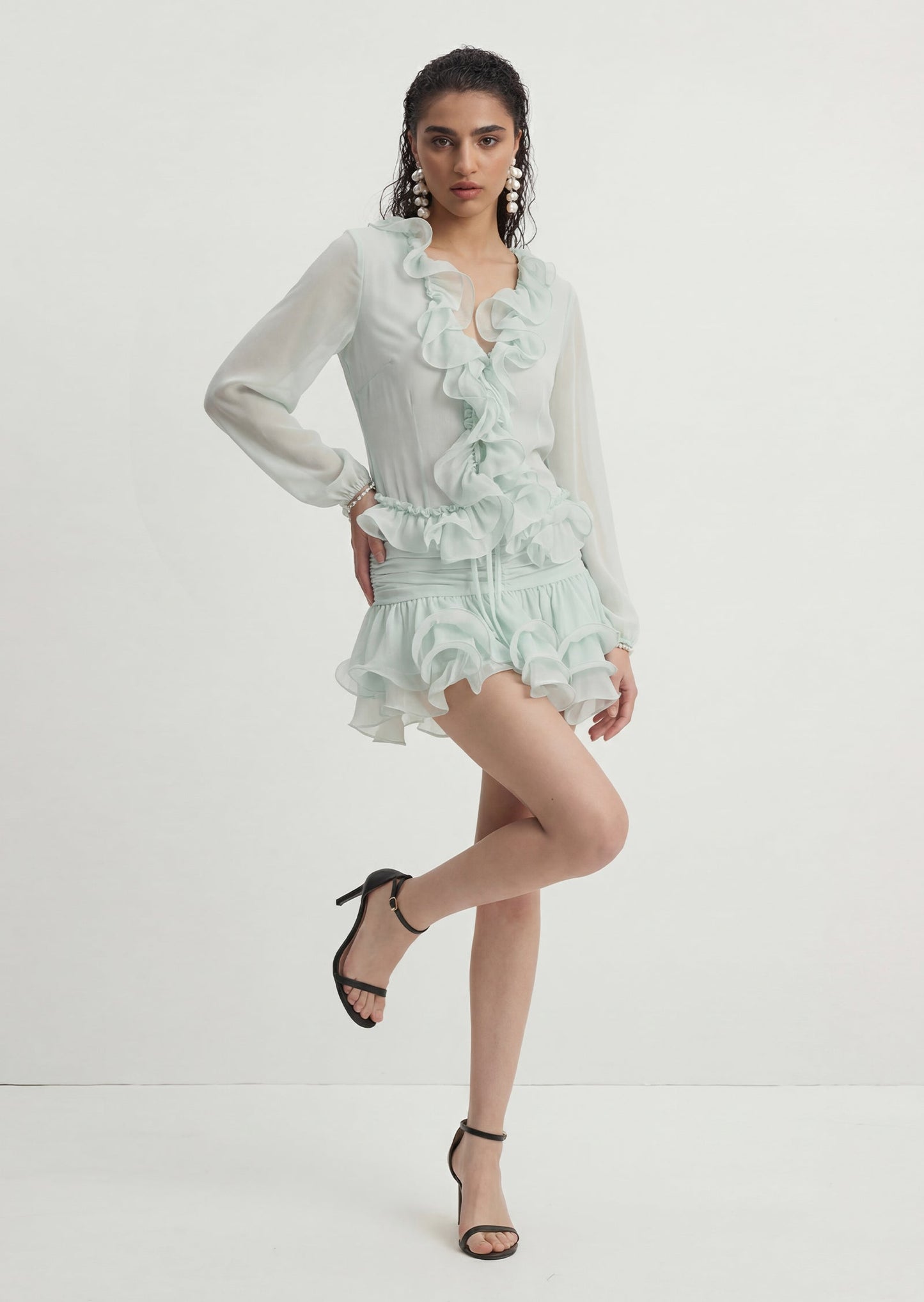 Flounced Chiffon Blouse & Skirt Two Piece Set