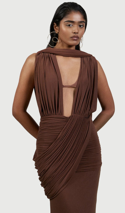 Layali Rose Deep V Neck Pleated Maxi Dress