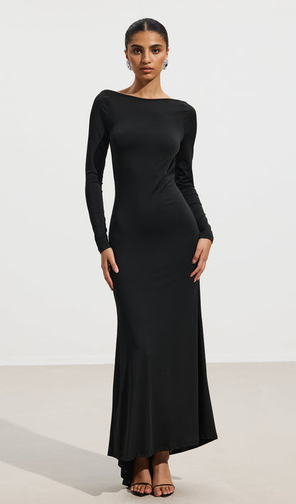 Jersey Solid Open Back Maxi Dress In Black