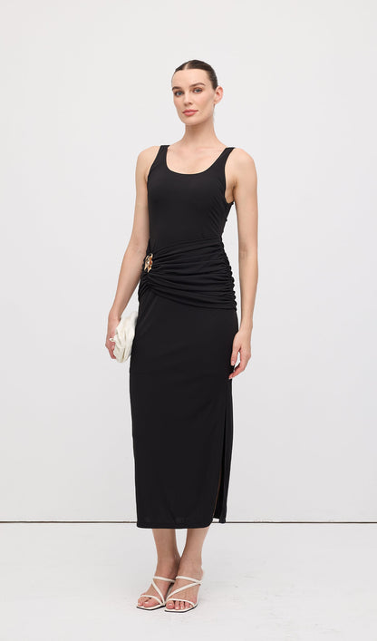 Sleeveless Pleats At Waist Midi Dress