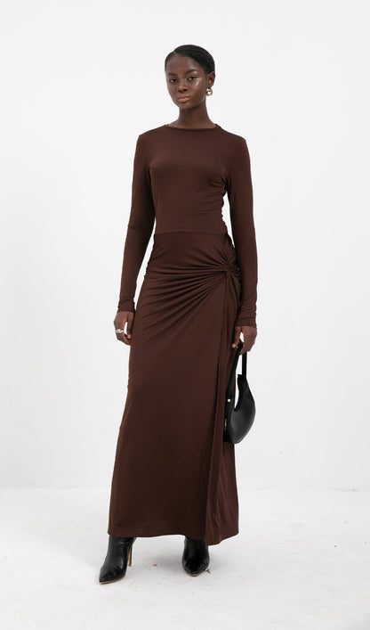 Trendy Draped Jersey Slit Maxi Dress-Brown
