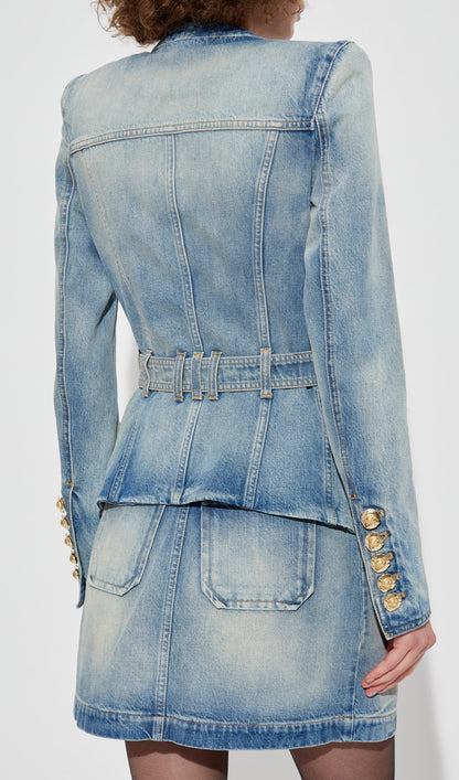 V Neck Blue Denim Jacket With Belt