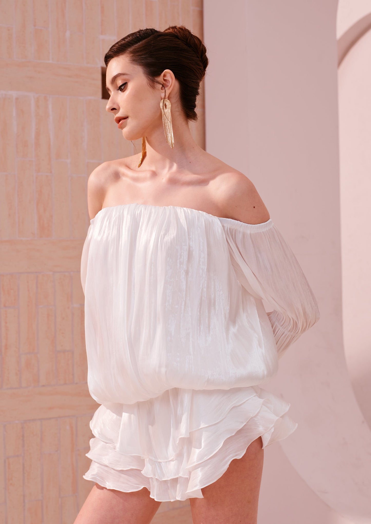 Oralee Off Shoulder Organza Mini Dress In White