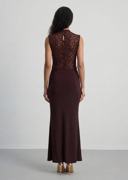 Sleeveless Lace Bodice Ruched Maxi Dress