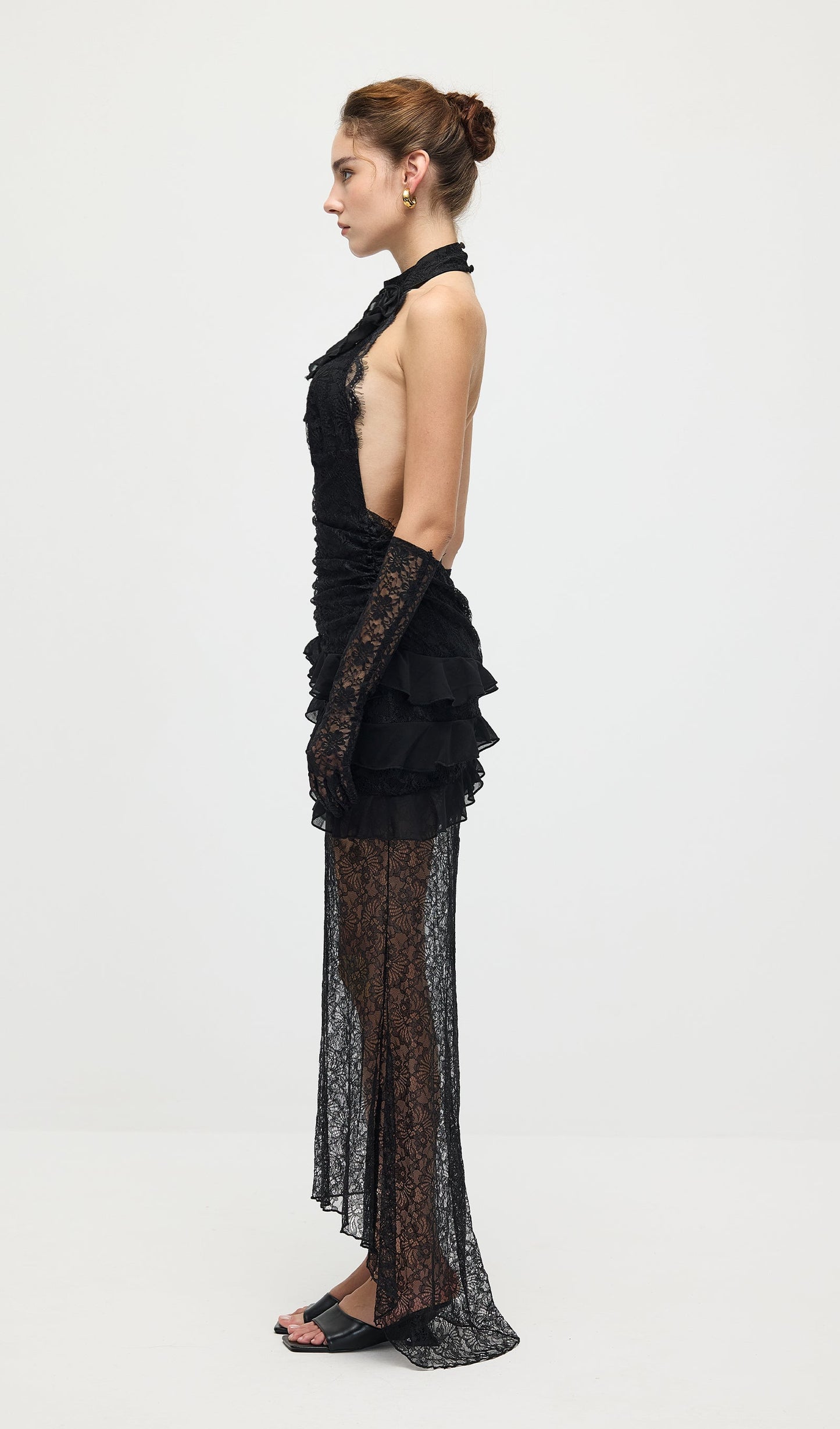 V Neck Ruffled Lace Maxi Dress
