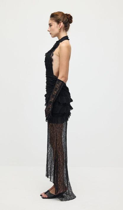 V Neck Ruffled Lace Maxi Dress