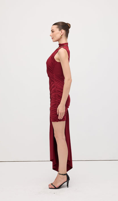 Asymmetrical Draping Mini Dress Claret