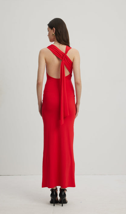 Asymmetrical Scuba Jersey Maxi Dress Ruby