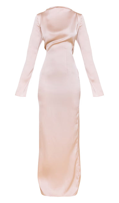 Long Sleeve Satin Cowl Back Maxi Dress
