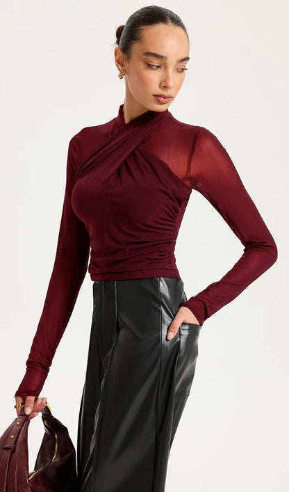 Cross-Front Sheer Mesh Long-Sleeve Top Claret