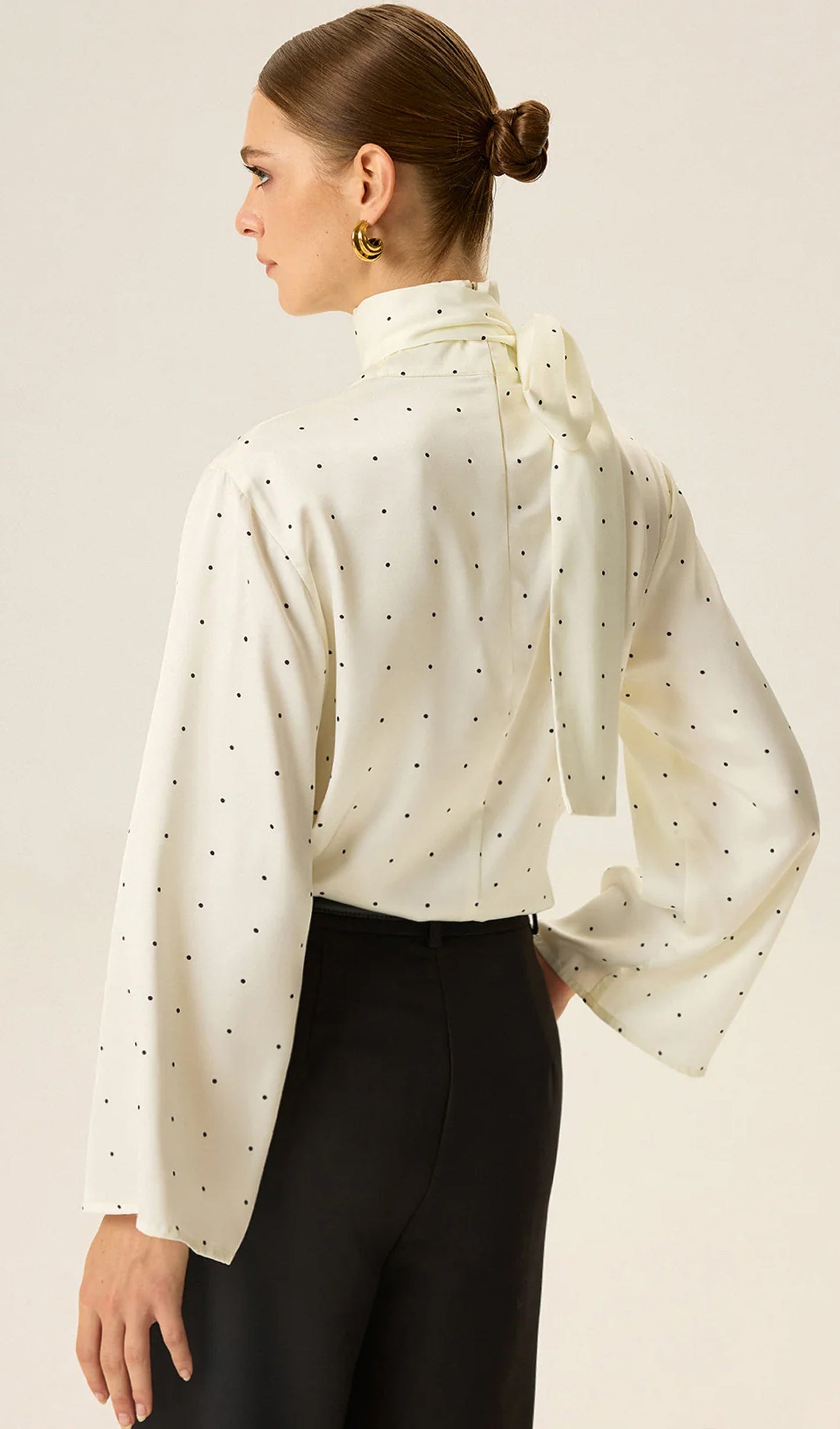 Polka Dot Satin High-Neck Blouse