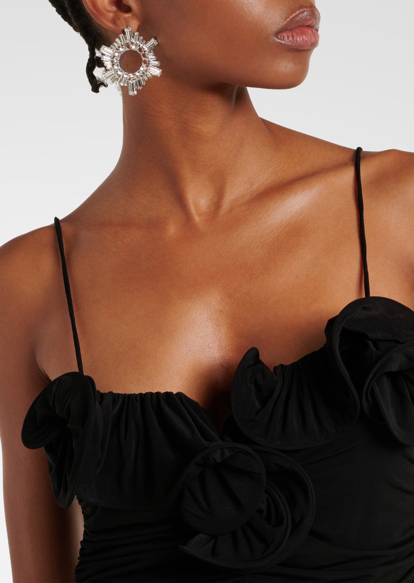 Ruffled Ruched Stretch Mesh Midi Dress