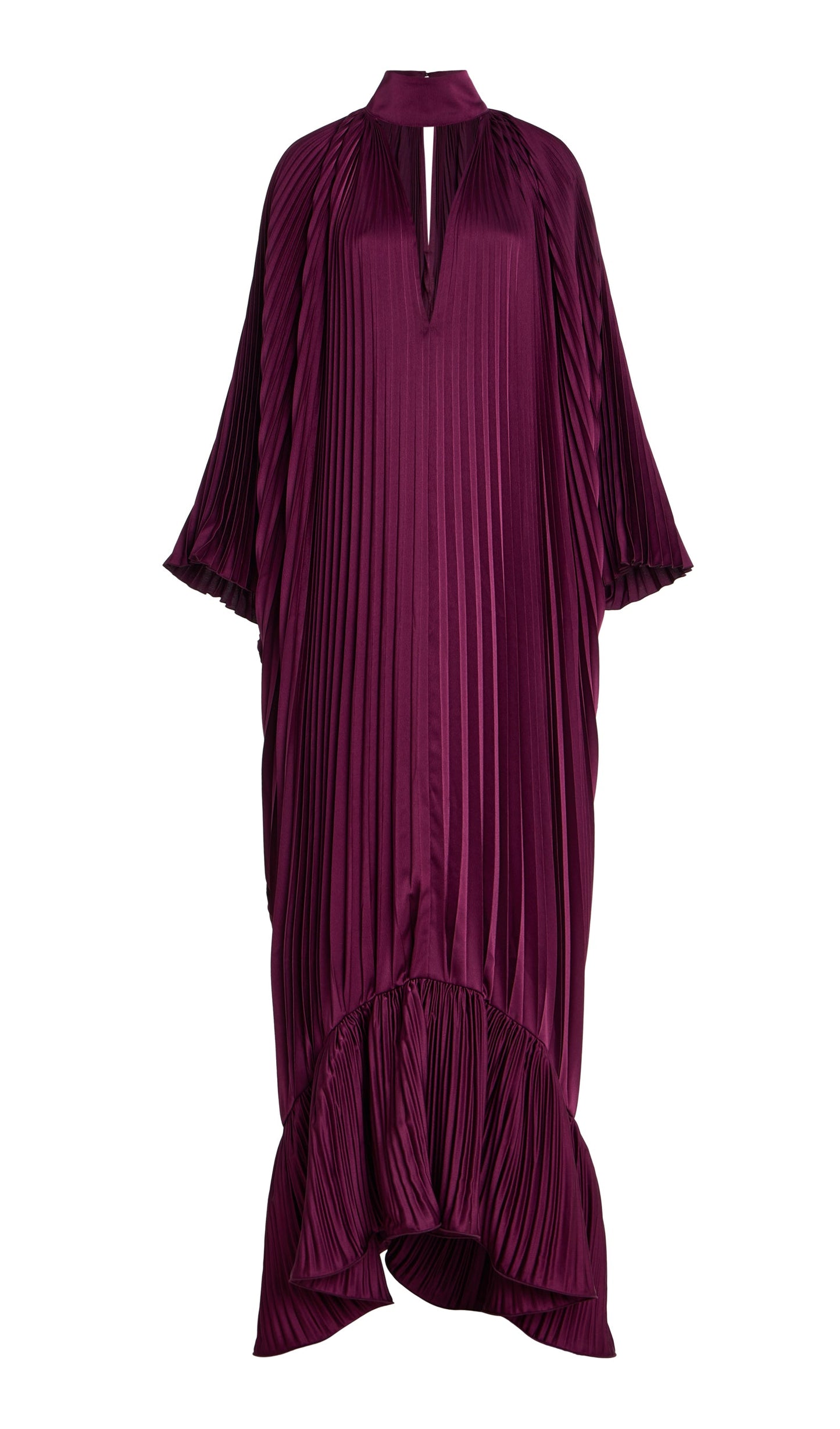 Hiba V Neckline Pleats Ruffled Maxi Dress In Burgundy