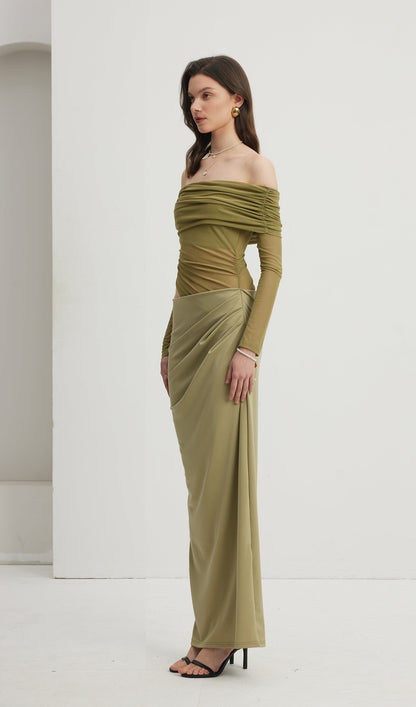 Off Shoulder Sheer Maxi Mesh Green