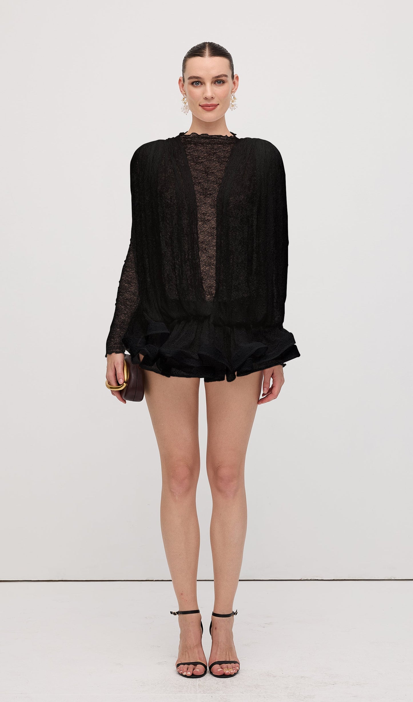 Lace Semi Sheer Ruffled Mini Dress In Black