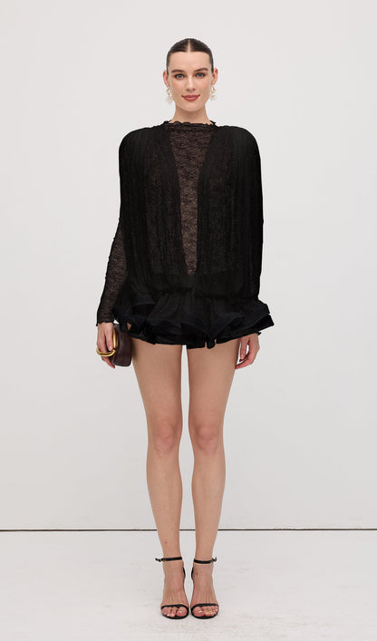 Lace Semi Sheer Ruffled Mini Dress In Black