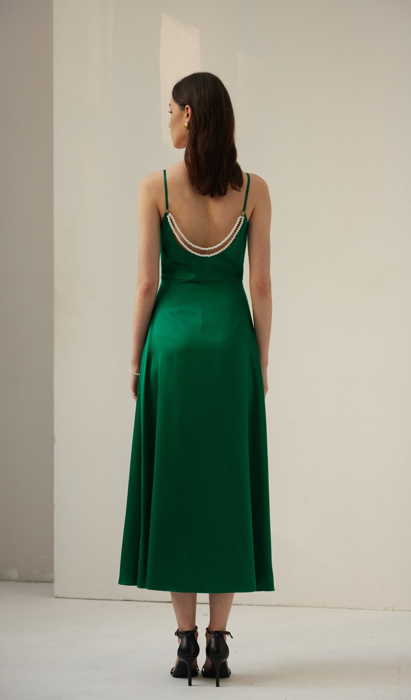 Silk Pearl Midi Dress-Green