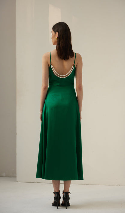 Silk Pearl Midi Dress-Green