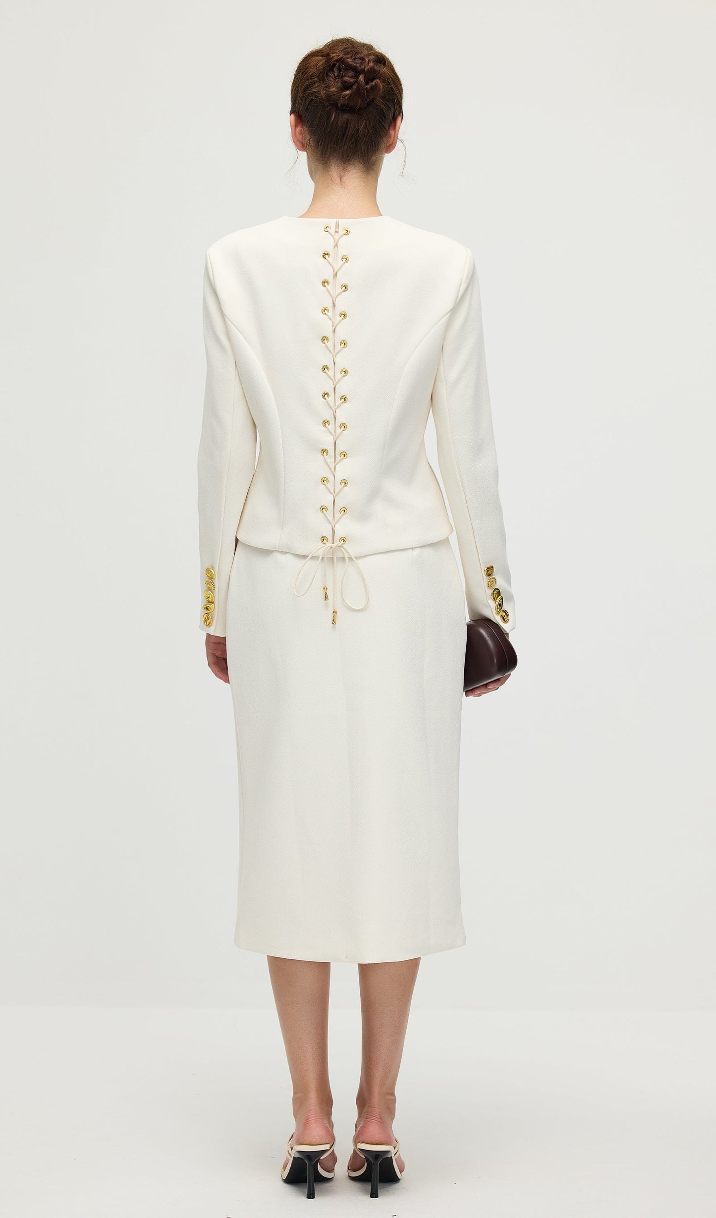 Long Sleeved Back Tie Two-Piece Set In White