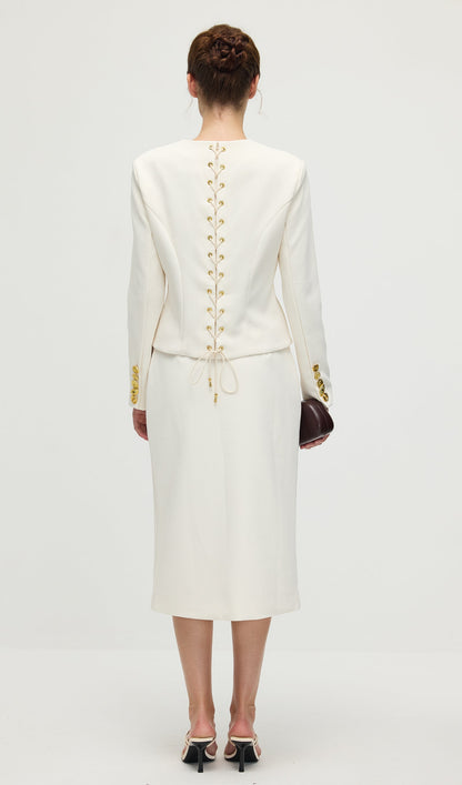 Long Sleeved Back Tie Two-Piece Set In White