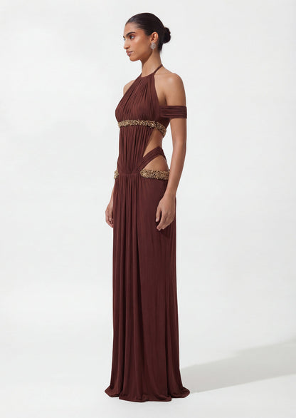 Crystal-Embellished Cutout Halterneck Gown