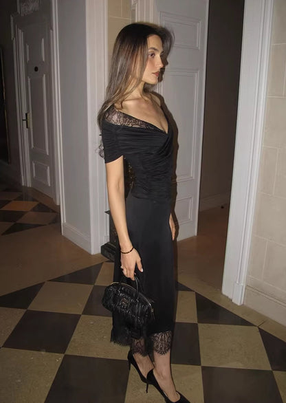 Iris Lace Trim Midi Dress In Black