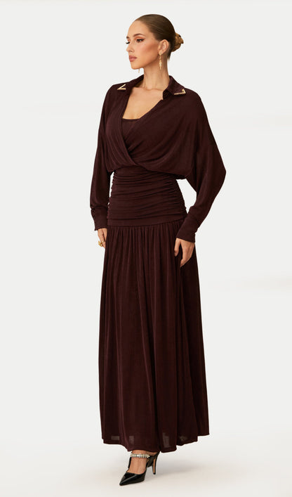 V Neck Ruched Waist Maxi Dress