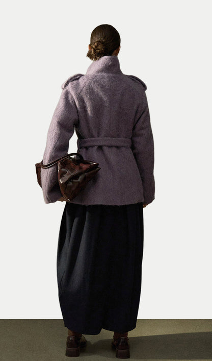 Stand-Up Collar Fitted Wool Coat In Purple