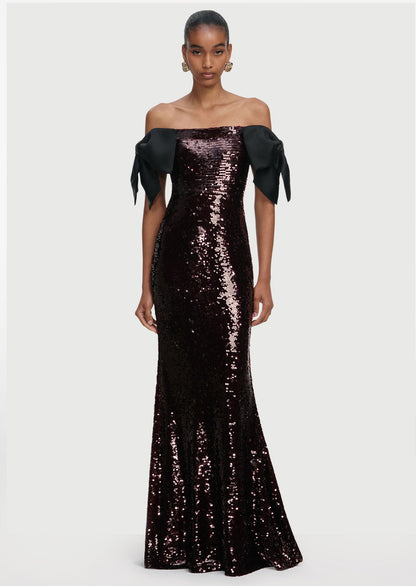 Brown Sequin Bow Maxi Dress